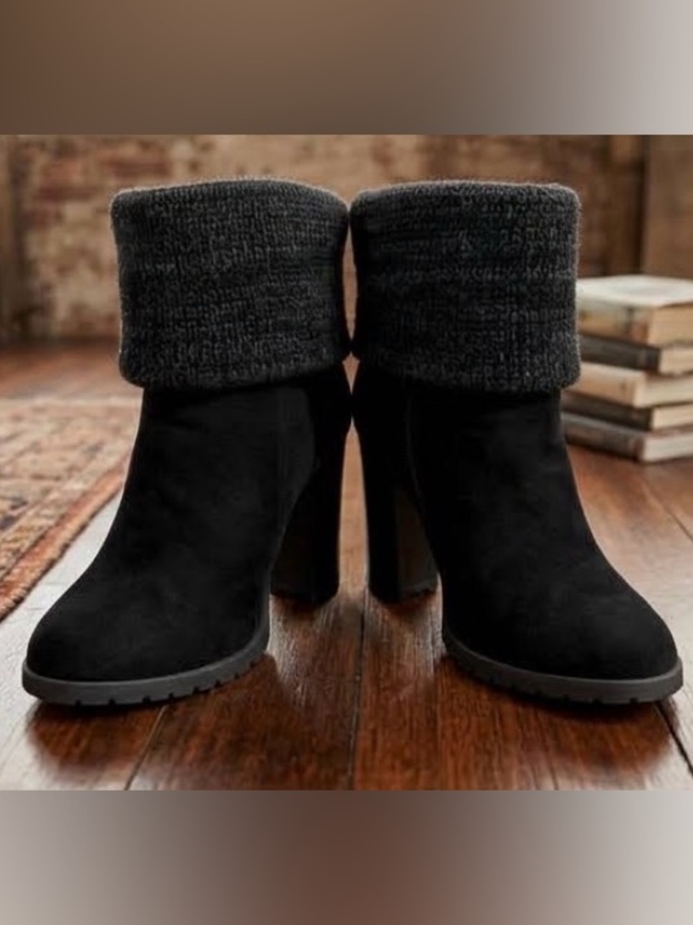 Leila Stone Black Suede Fold-Over Knit Cuff Heeled Boots